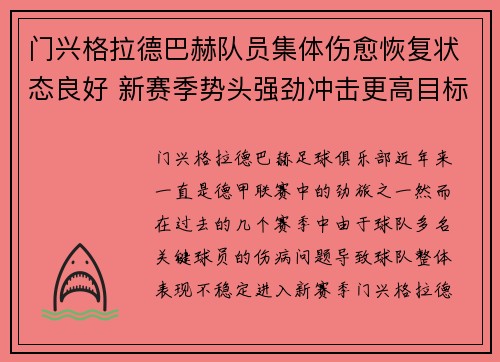 门兴格拉德巴赫队员集体伤愈恢复状态良好 新赛季势头强劲冲击更高目标