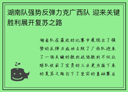 湖南队强势反弹力克广西队 迎来关键胜利展开复苏之路