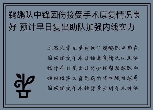 鹈鹕队中锋因伤接受手术康复情况良好 预计早日复出助队加强内线实力