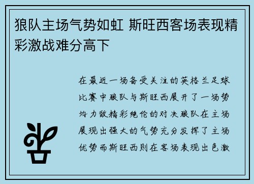 狼队主场气势如虹 斯旺西客场表现精彩激战难分高下